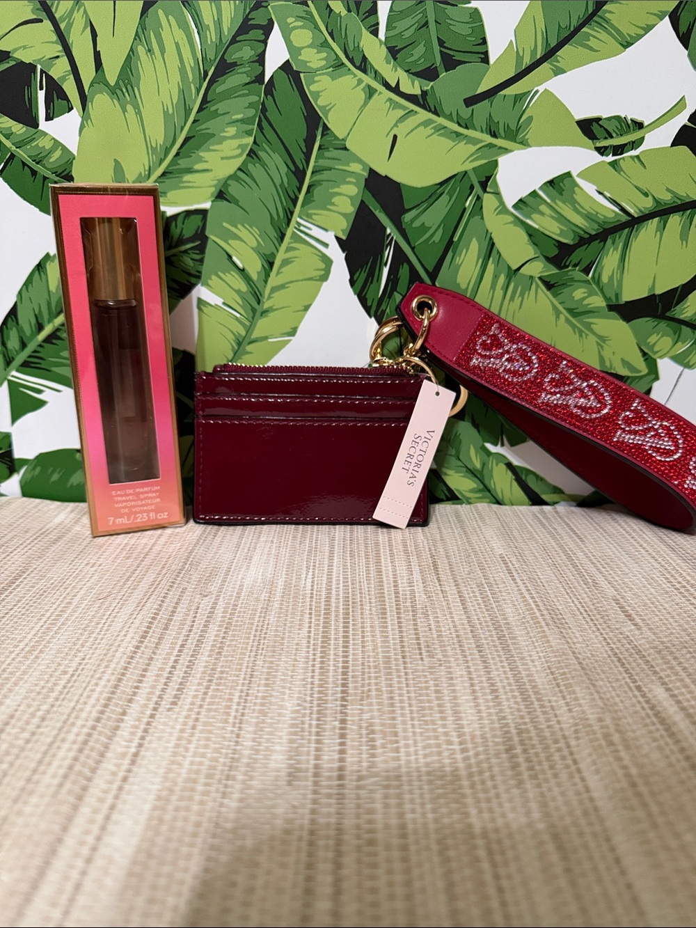 Victoria's Secret Deep Red Patent Card Holder with Embroidered Wrist Strap